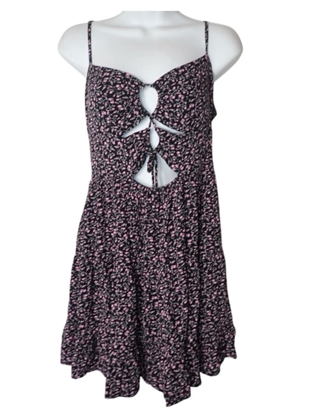 Aeropostale Black Mini Dress with Pink Floral Print and Front Tie Cutouts
